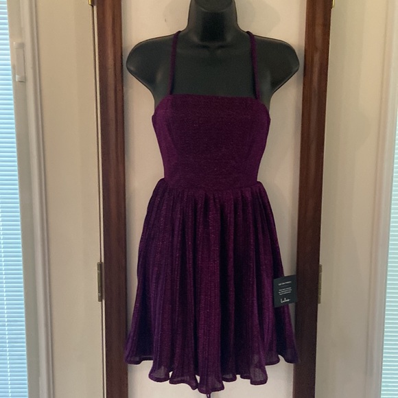Lulus Party Era Purple Sparkly Lace-Up Pleated Skater Dress XS - Picture 3 of 11